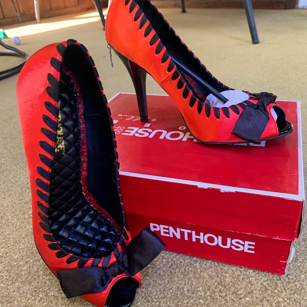 Penthouse Red peep toe heels.